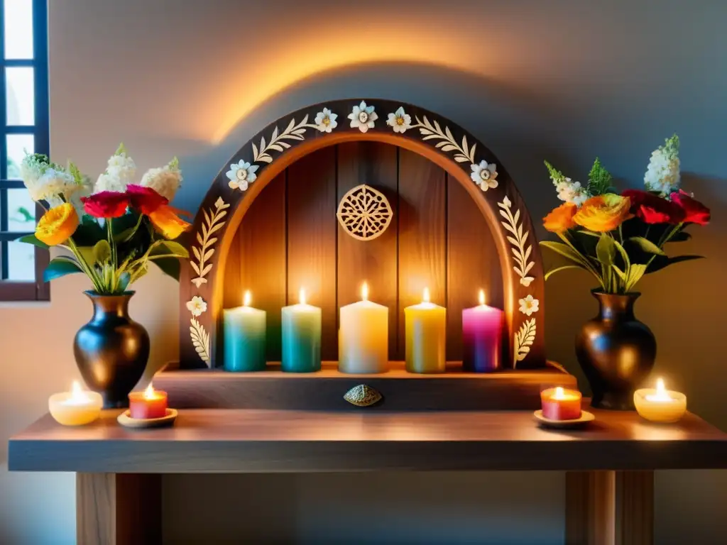 Un altar de madera adornado con velas, flores y símbolos sagrados en una habitación iluminada por el sol