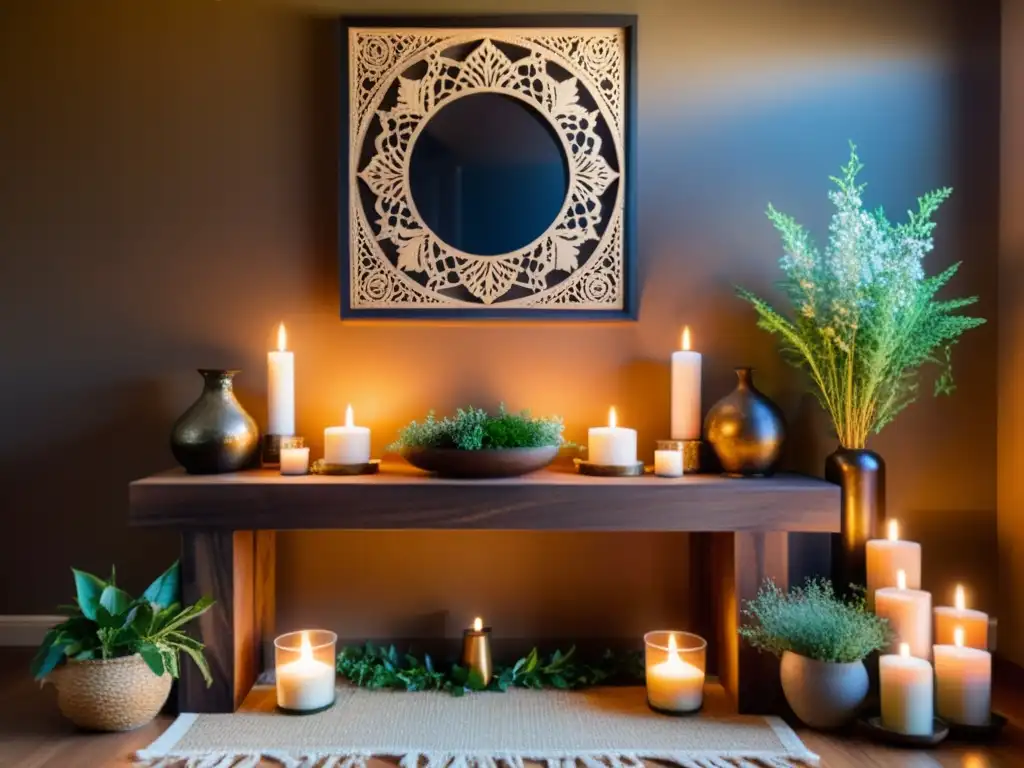 Un altar de madera bellamente elaborado con velas, cristales y hierbas fragantes, bañado por la luz del sol en una acogedora sala