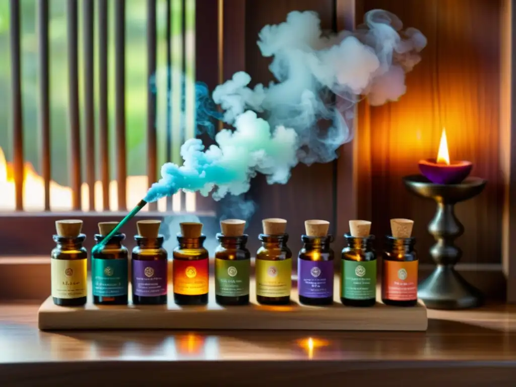 Un altar de madera con inciensos y aceites esenciales crea un ambiente de tranquilidad y conexión espiritual