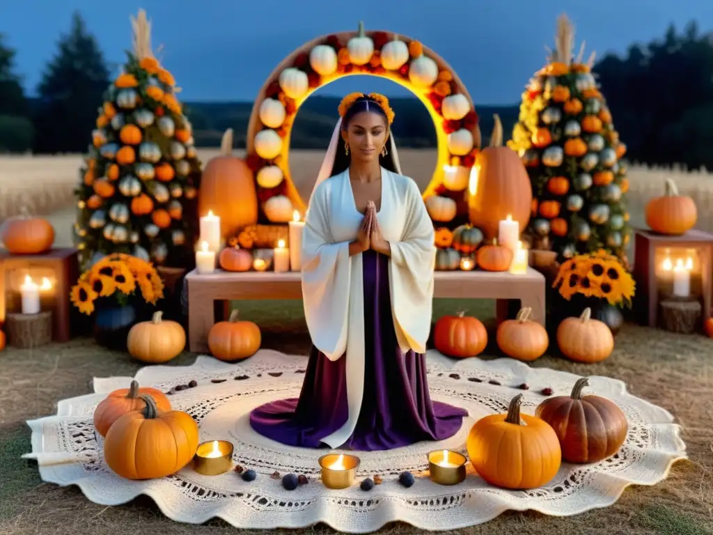 Un altar de madera tallada con velas, calabazas y ofrendas