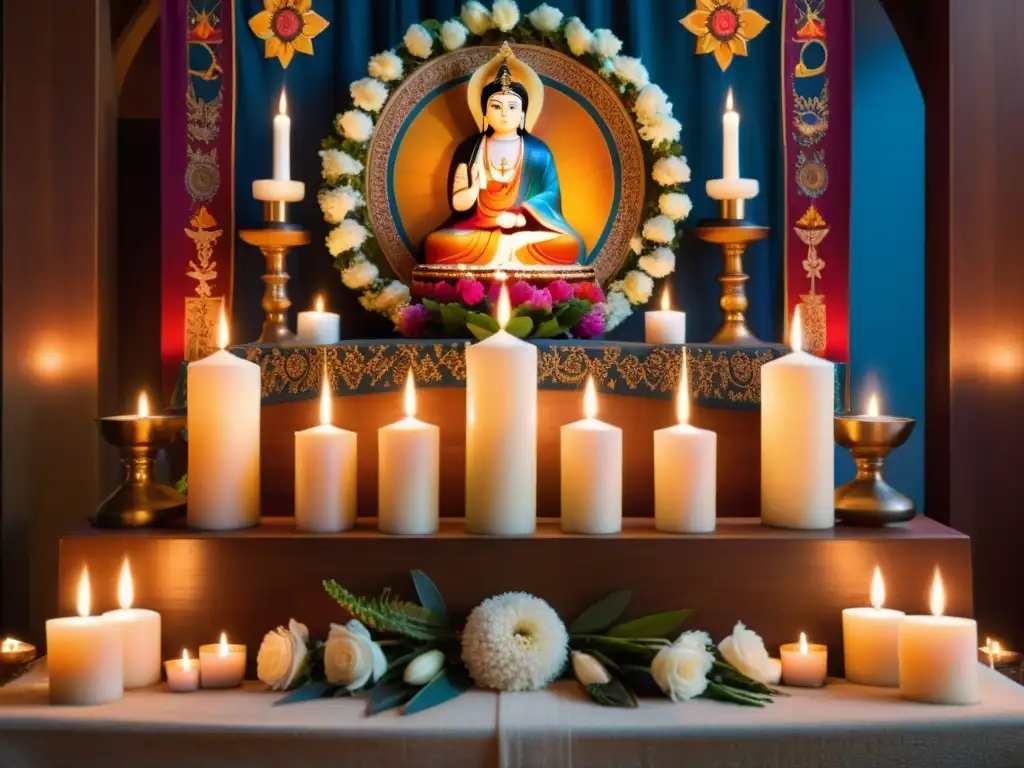 Un altar de madera tallada con velas, flores y símbolos sagrados, en un espacio lleno de luz cálida y tranquilidad