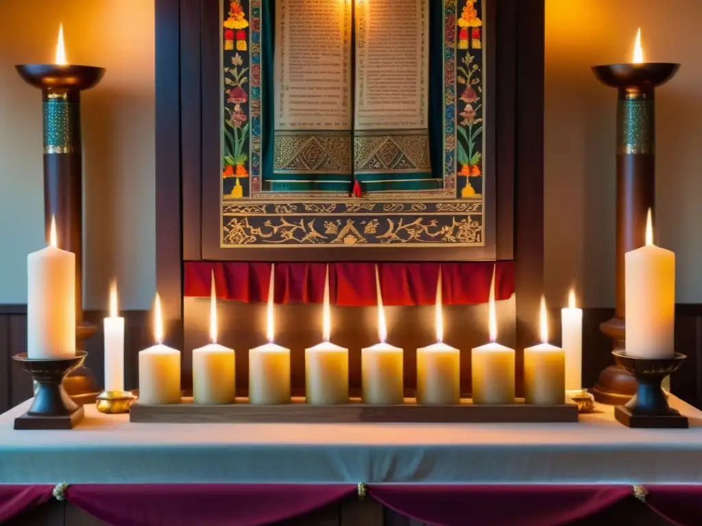 Altar de madera tallada con velas, telas de colores y practicantes en reverente ceremonia goma protección purificación