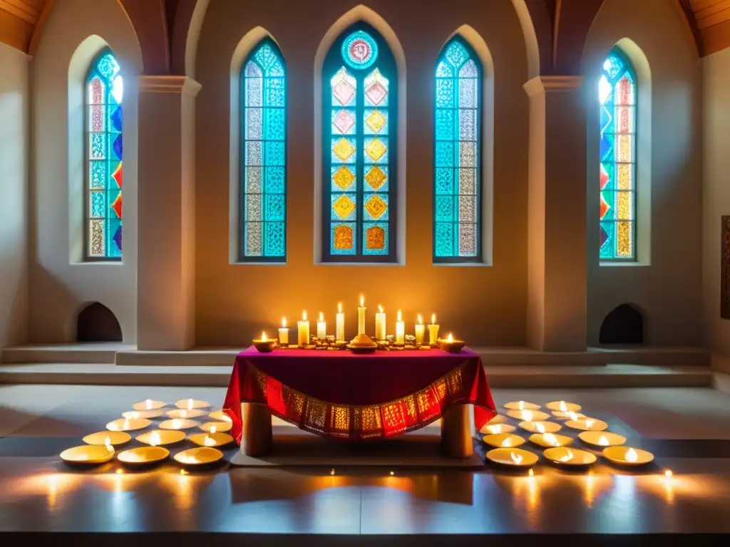 Un altar de madera tallado, iluminado por la luz natural, con objetos ceremoniales y textiles vibrantes