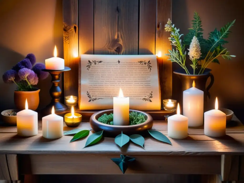 Altar mágico con conjuro de amor, velas, cristales y hierbas