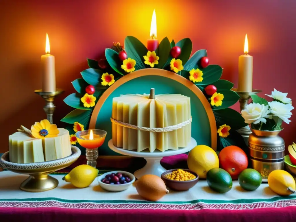 Un altar mexicano tradicional con alimentos rituales en celebraciones de la vida, tamales, pan dulce y frutas coloridas, junto a velas y flores