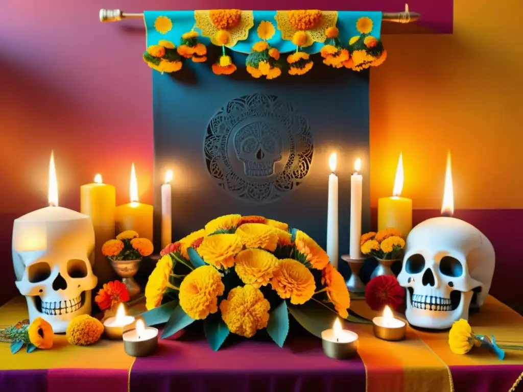 Un altar mexicano vibrante con caléndulas, papel picado, y calaveras de azúcar, iluminado por velas