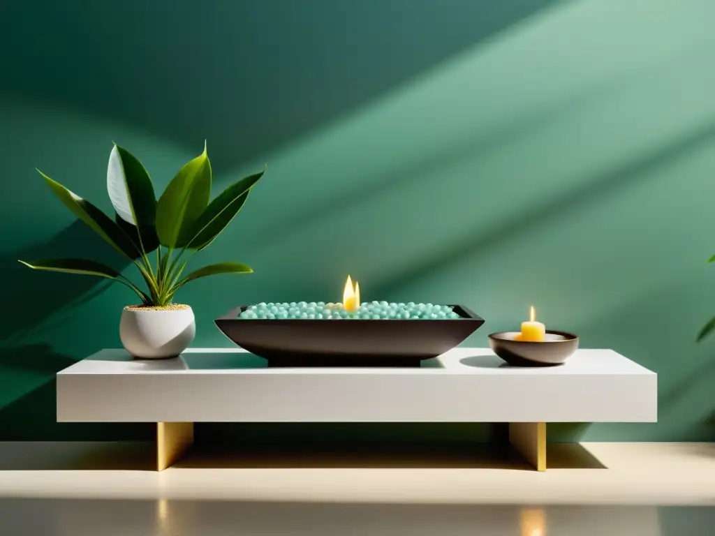 Un altar minimalista bañado en luz natural, con elementos Feng Shui para influir en rituales de armonía y tranquilidad espiritual