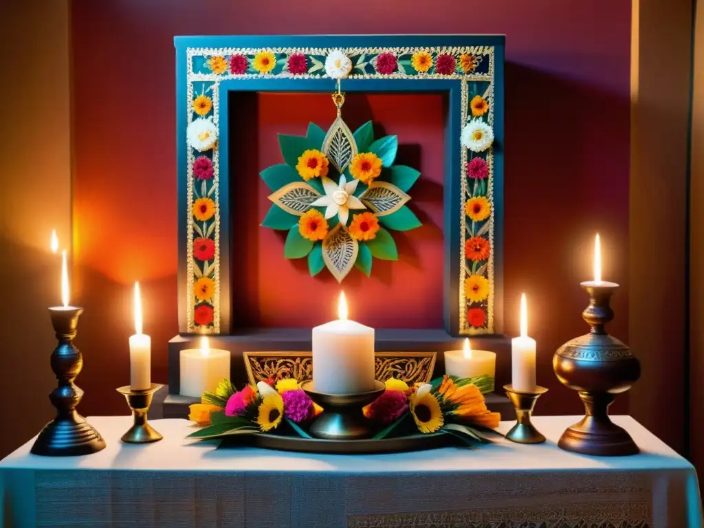 Un altar móvil ricamente decorado con diseños tallados a mano y colores simbólicos, iluminado por suave luz natural