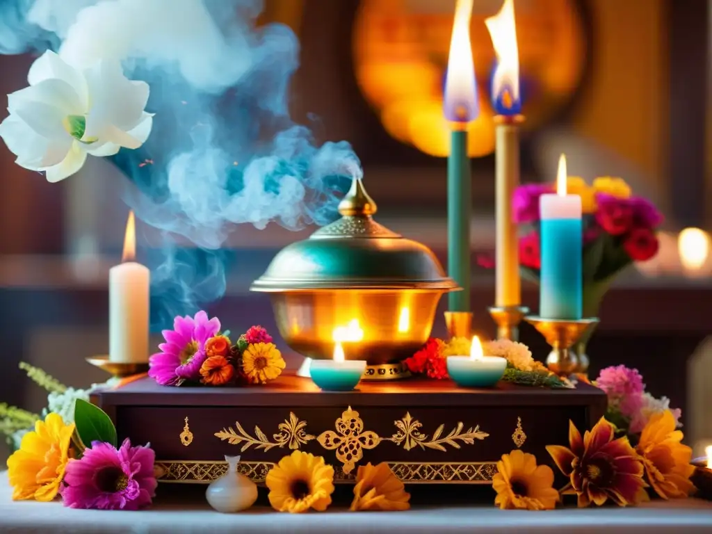 Un altar móvil bellamente decorado con flores, incienso y velas