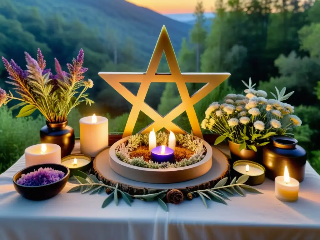 Un altar neopagano con cristales, hierbas aromáticas y velas, en un bosque al atardecer