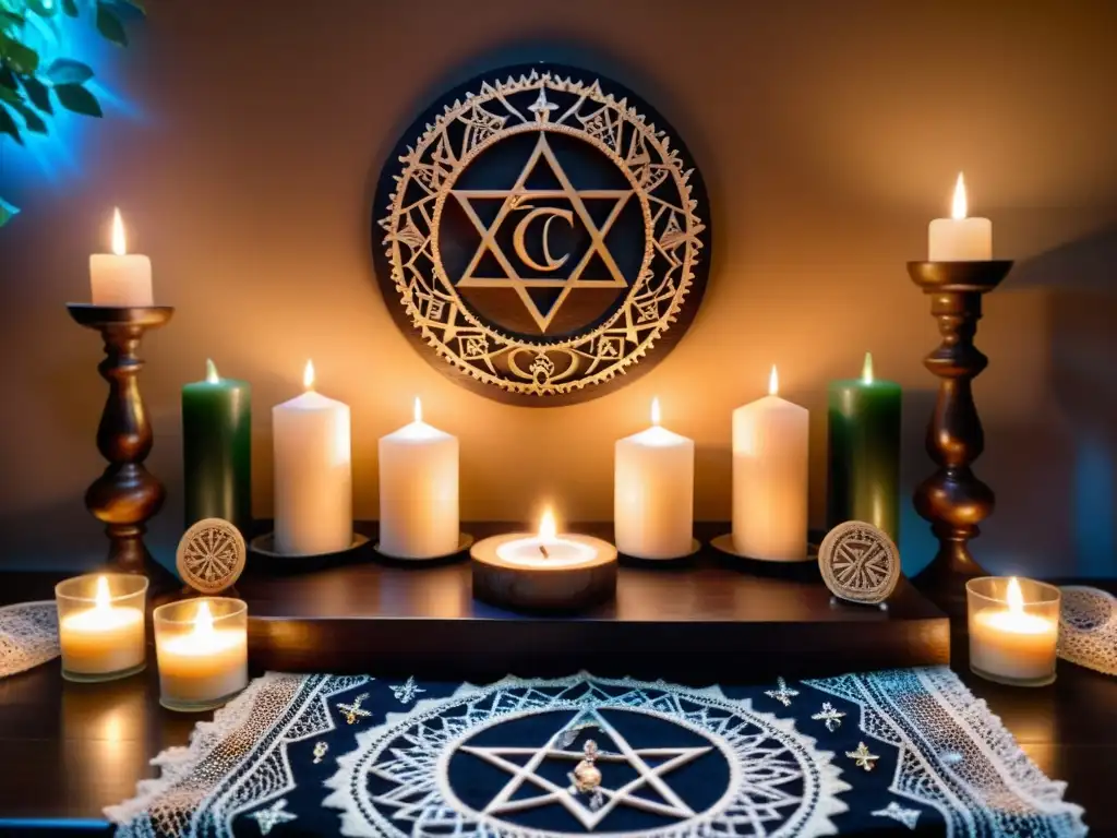 Un altar neopagano bellamente decorado con cristales, velas y símbolos paganos