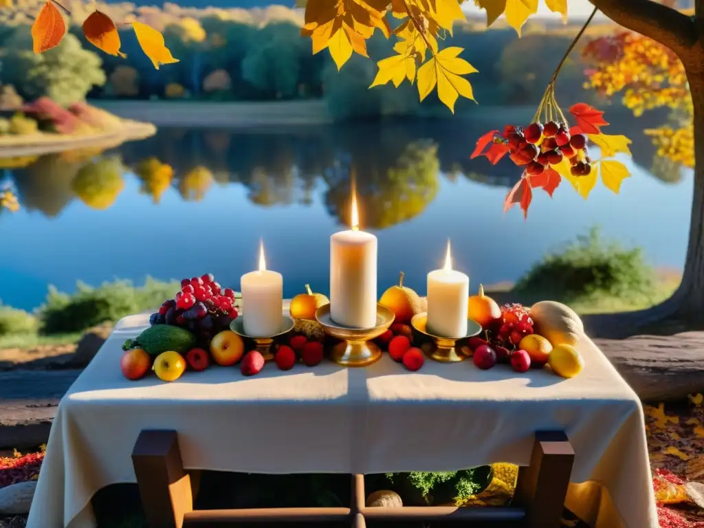 Un altar neopagano en otoño con frutas y verduras, bañado por la cálida luz del atardecer