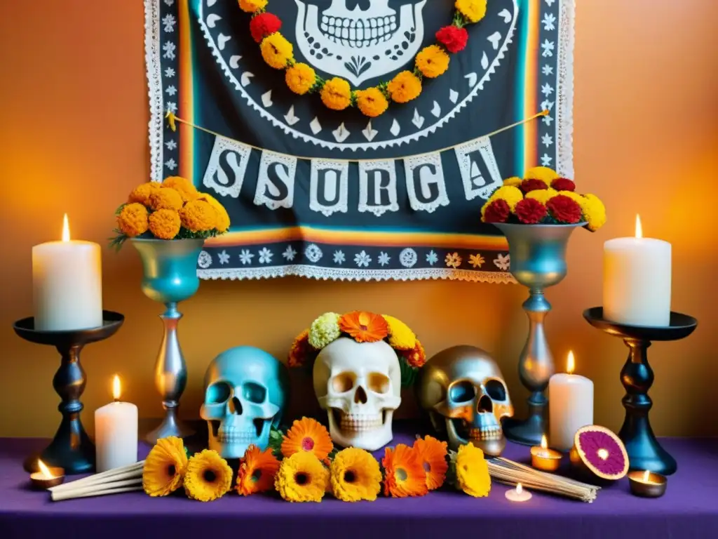 Un altar de ofrenda bellamente decorado con flores de cempasúchil, papel picado, velas y diversos elementos tradicionales