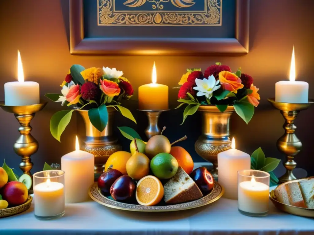 Un altar de ofrendas con frutas, pan y flores en platos ornamentados, rodeado de velas