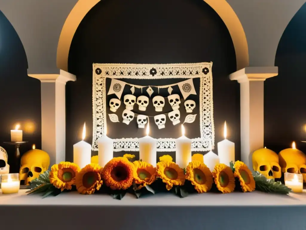 Altar de ofrendas con velas, flores de cempasúchil y papel picado, en un ritual conmemorativo en la memoria durante el Día de los Muertos en México