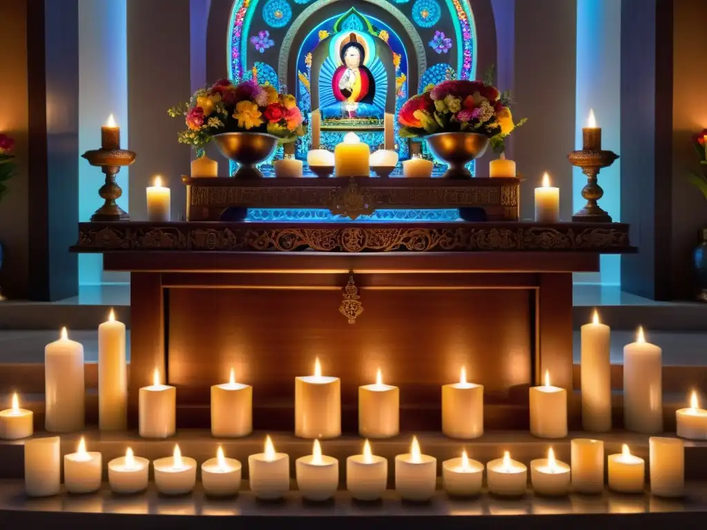 Un altar ornado con flores y velas, rodeado de símbolos religiosos en un templo sereno