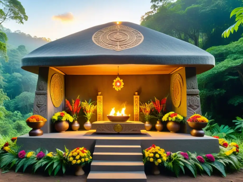 Un altar de piedra tallada en la selva, decorado con flores y humo de incienso