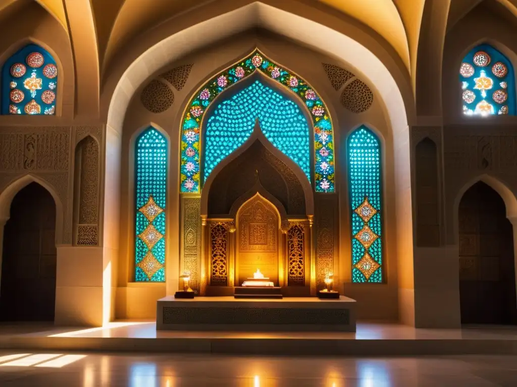 Altar de piedra tallada en templo persa, iluminado por luz solar