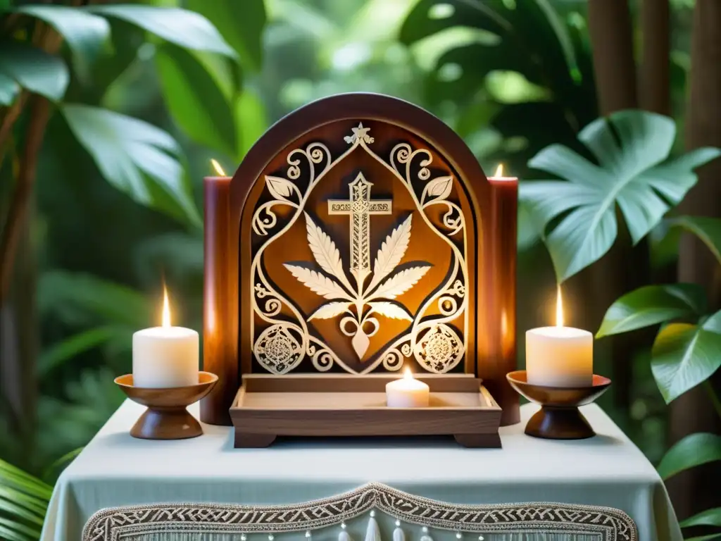 Un altar portátil, con cristales y velas, se destaca entre la exuberante vegetación