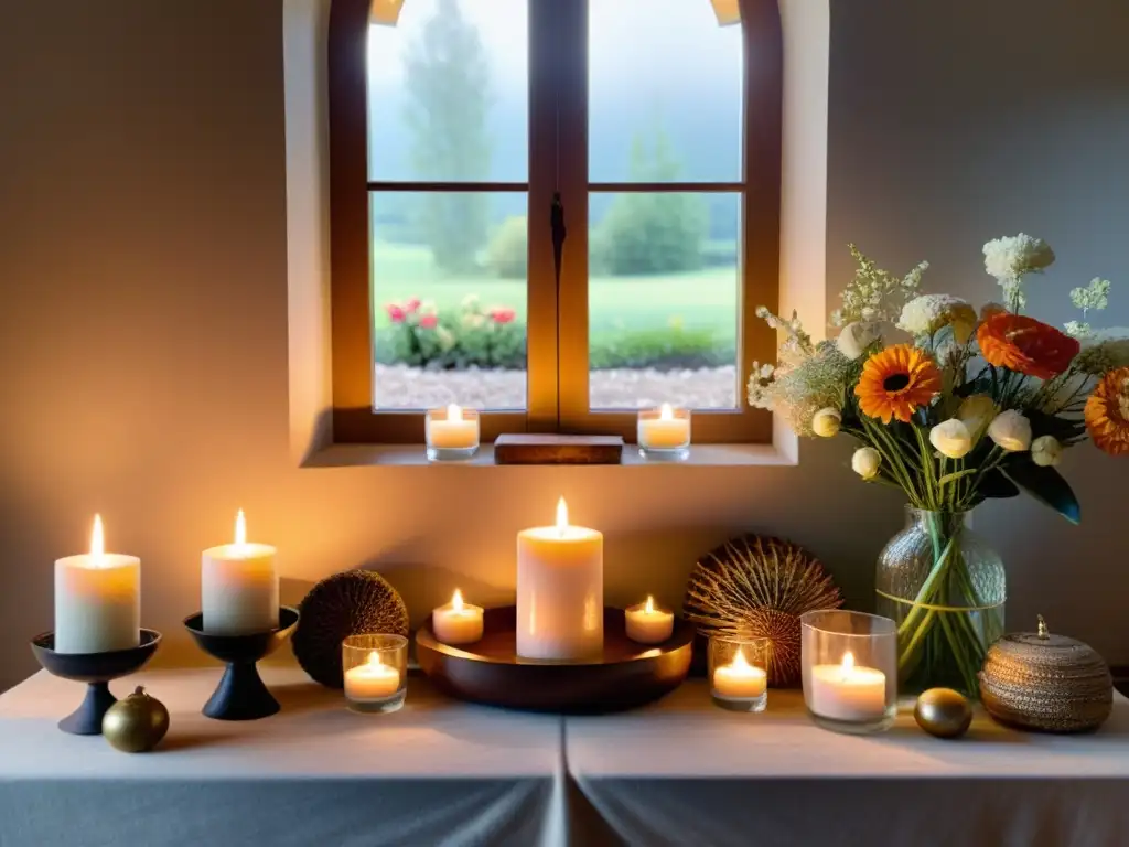 Un altar bellamente preparado para rituales de equinoccio, con velas, cristales y flores estacionales, iluminado por luz natural