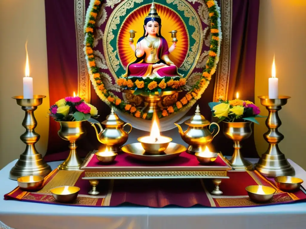 Un altar de puja ricamente decorado con lámpara de latón, guirnaldas de flores, incienso y ofrendas, creando un espacio sagrado y reverente