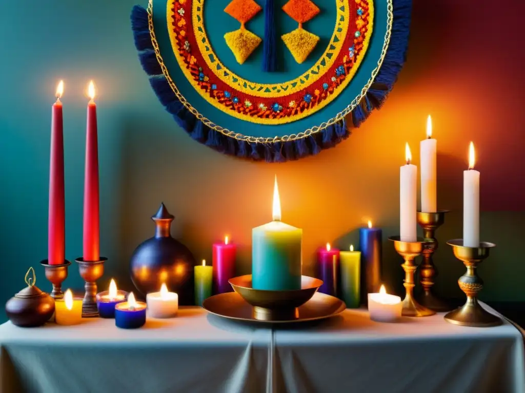 Un altar ritualístico tradicional con vibrantes colores simbólicos y ofrendas cuidadosamente dispuestas, iluminado por velas