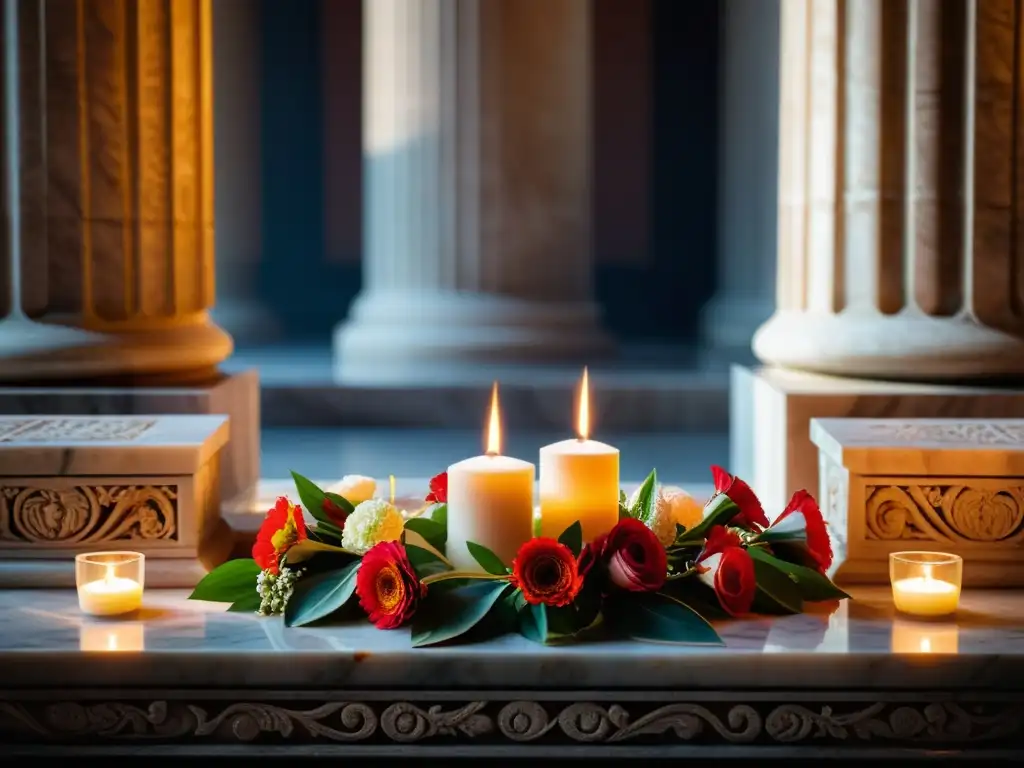 Altar romano con ofrendas y ceremonia ancestral Un altar romano tradicional con ofrendas de flores, comida e incienso, iluminado por velas y rodeado de columnas y esculturas antiguas
