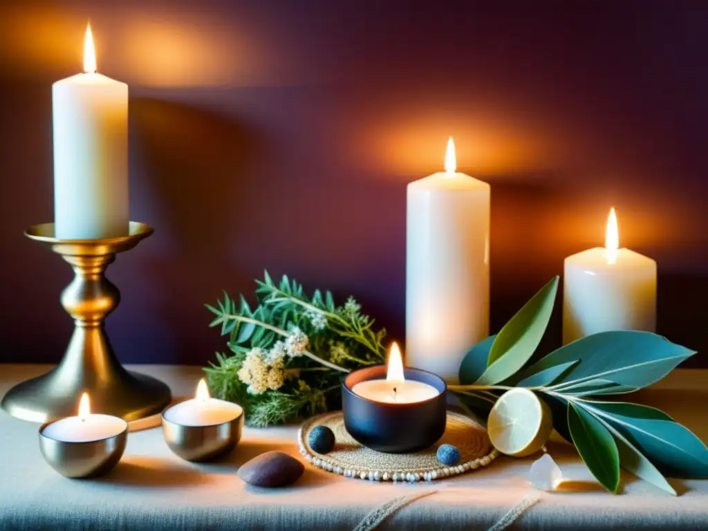 Un altar sagrado meticulosamente adornado con velas, cristales, hierbas y símbolos religiosos