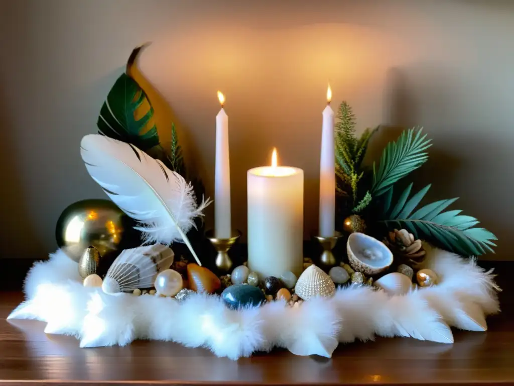 Un altar sagrado con elementos naturales como cristales, plumas y plantas, iluminado suavemente