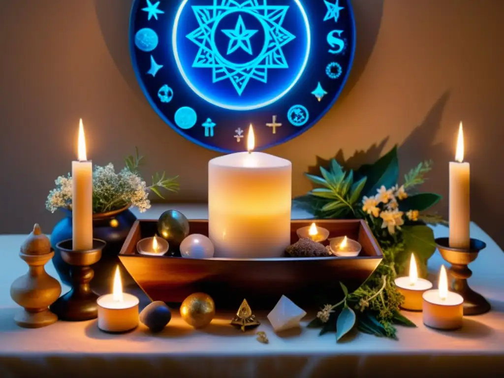 Un altar sagrado bellamente organizado con símbolos astrológicos, cristales, velas y hierbas, iluminado por una cálida luz de velas