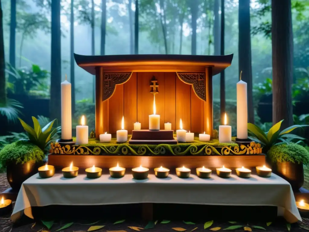 Altar tallado en madera de Goma, rodeado de practicantes en ceremonia goma protección purificación en el bosque exuberante