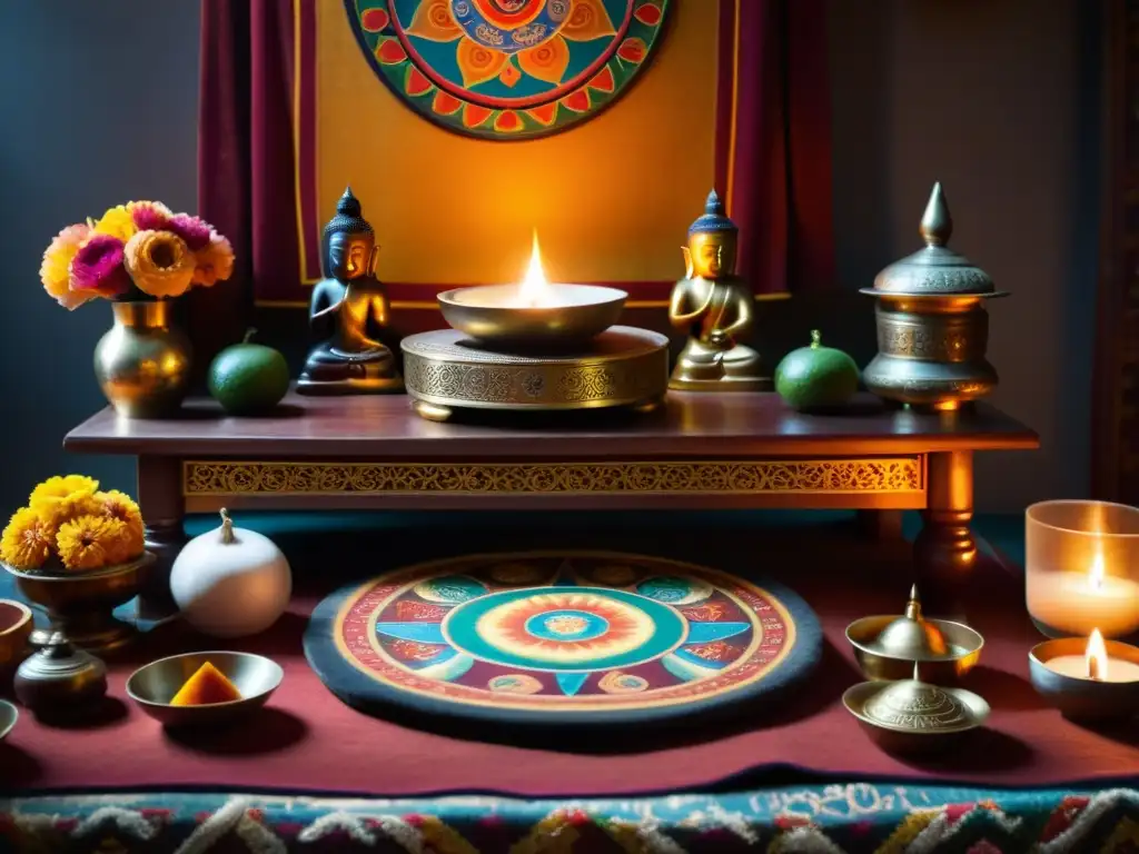 Un altar tántrico tradicional tibetano con mandalas, estatuas, ofrendas y un lama realizando un ritual