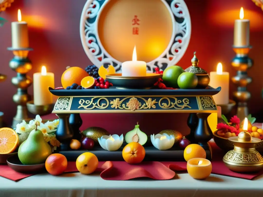 Un altar taoísta detallado con ofrendas y símbolos, iluminado por velas y humo de incienso