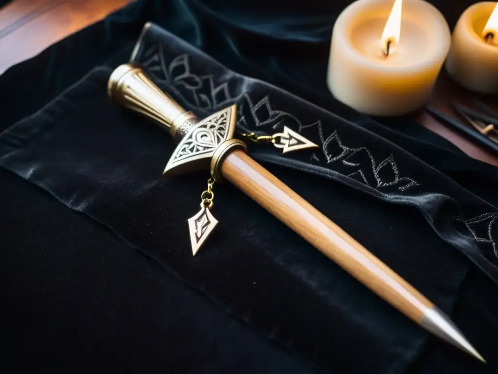 Un altar de terciopelo negro sostiene una varita tallada y un athame ceremonial, destacados por la suave luz de las velas