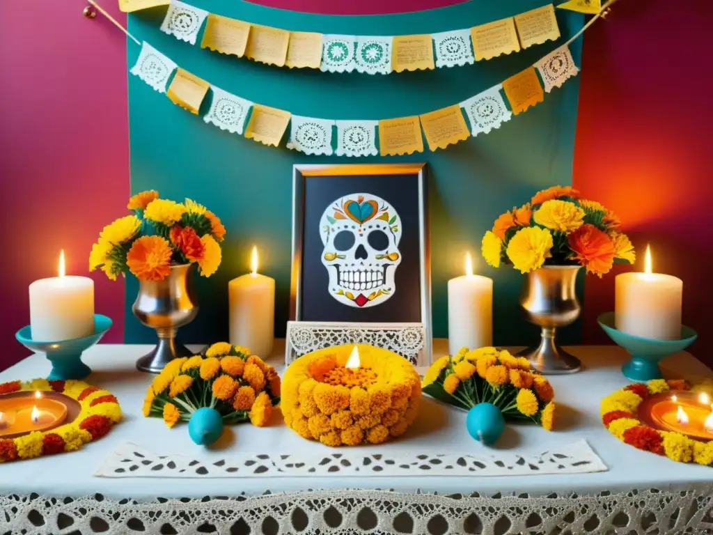 Un altar tradicional del Día de Muertos con ofrendas, velas y papel picado