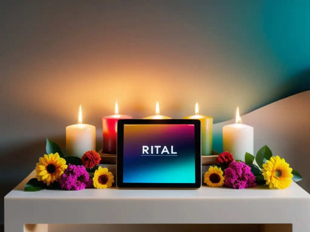 Un altar tradicional con flores y velas, junto a una tablet con app para rituales