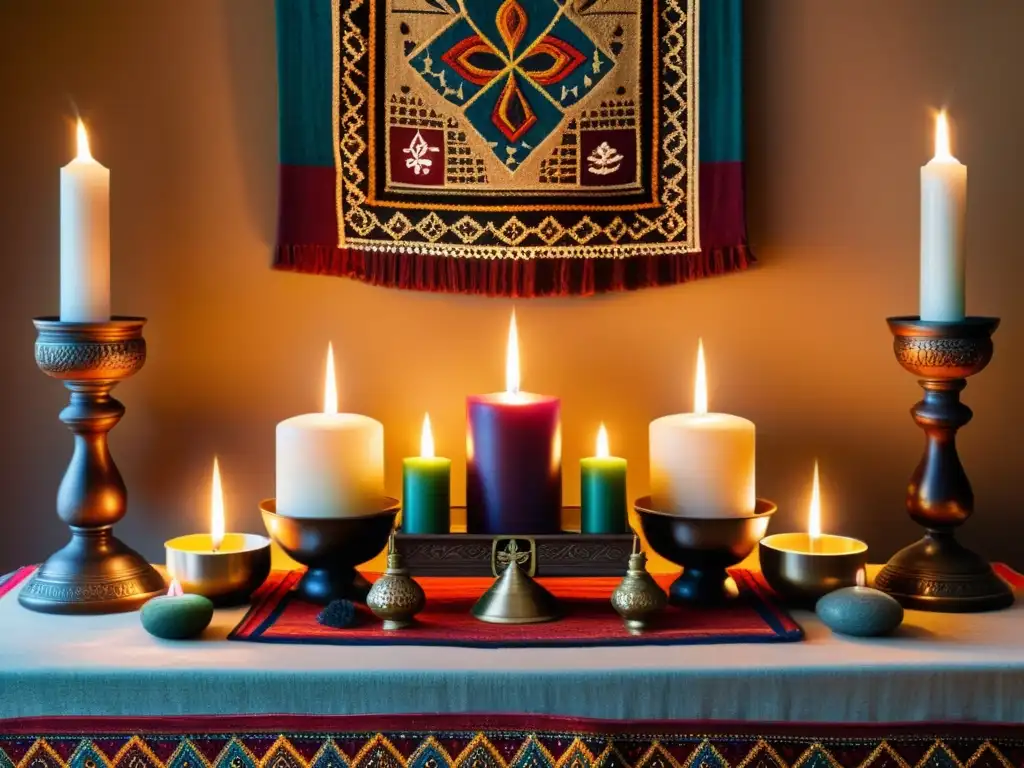 Un altar tradicional iluminado por velas, incienso y cristales, evocando rituales de prosperidad tradicionales