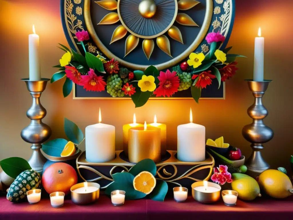 Altar tradicional para rituales de limpieza y renovación con decoraciones detalladas, frutas, velas y flores vibrantes