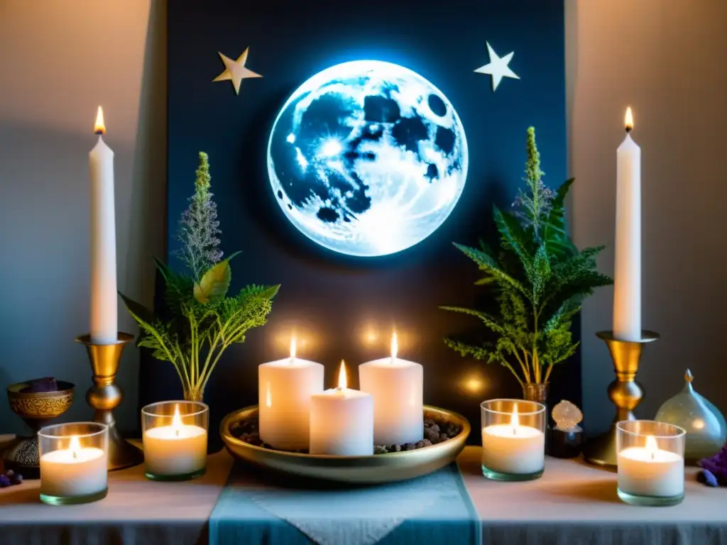 Un altar tradicional para rituales de luna llena, con velas, cristales y hierbas, crea una atmósfera serena y mística