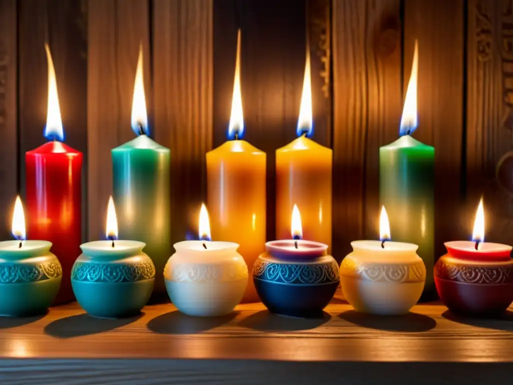 Un altar de velas rituales distintas sobre una mesa de madera, creando una atmósfera mística