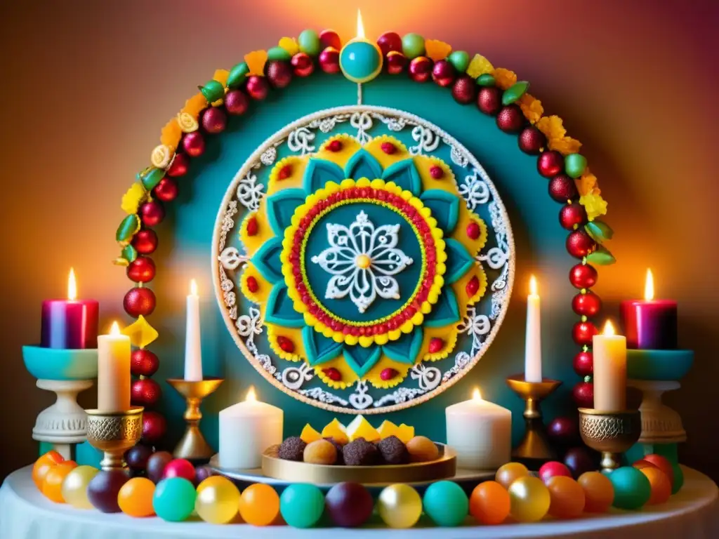 Un altar vibrante y adornado con tradicionales postres, reflejando la importancia espiritual en ceremonias