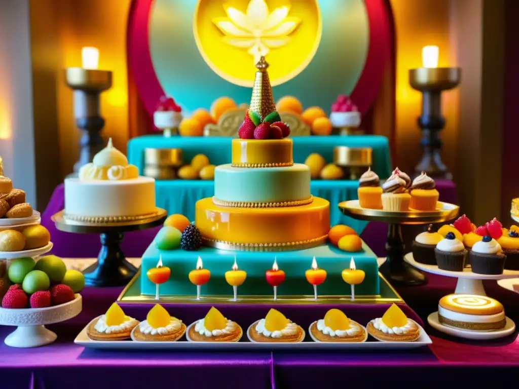 Un altar vibrante y detalladamente decorado con una variedad de postres tradicionales, iluminado con calidez