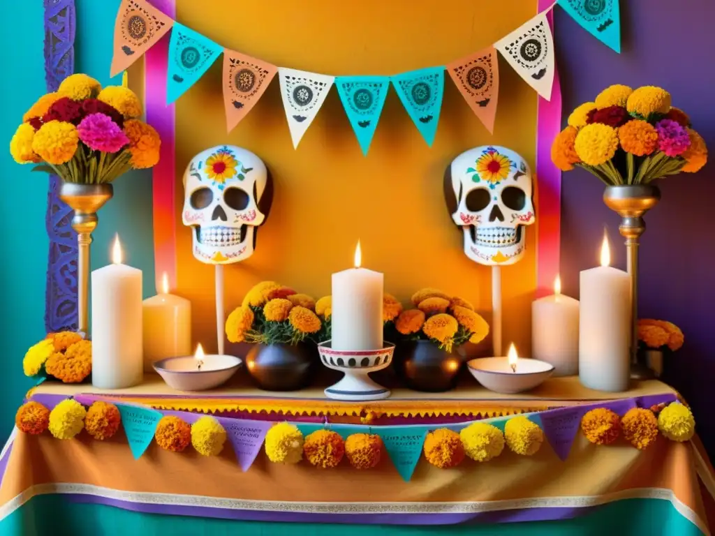 Un altar vibrante y reverente para el Festival de los Muertos en México, con flores de cempasúchil, velas y papel picado