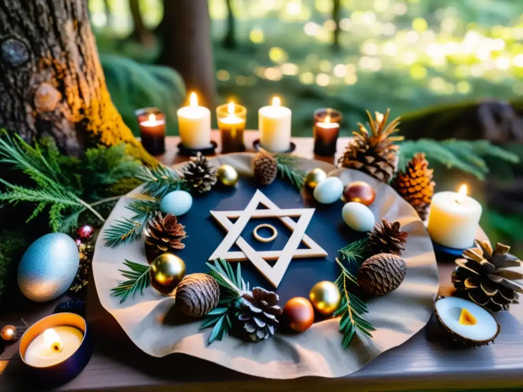 Un altar wiccano al aire libre en el bosque con decoraciones estacionales y ofrendas