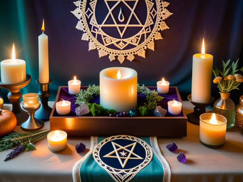 Un altar wiccano decorado con cristales, velas y elementos de la naturaleza