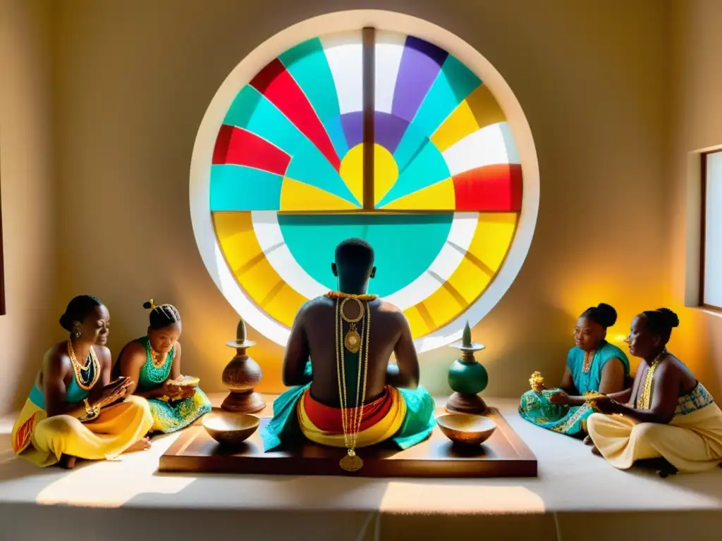 Altar Yoruba lleno de color y misticismo, con rituales para atraer abundancia hogar en una atmósfera serena