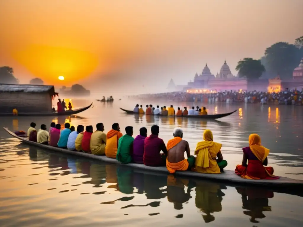 Un amanecer impresionante sobre el río Ganges en India, con devotos realizando rituales purificación