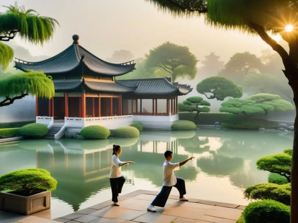 Un amanecer sereno en un jardín chino tradicional, con practicantes de Tai Chi en sincronía