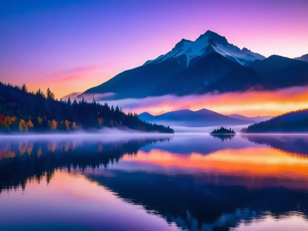 Un amanecer sereno sobre un lago tranquilo, con colores vibrantes reflejados en el agua