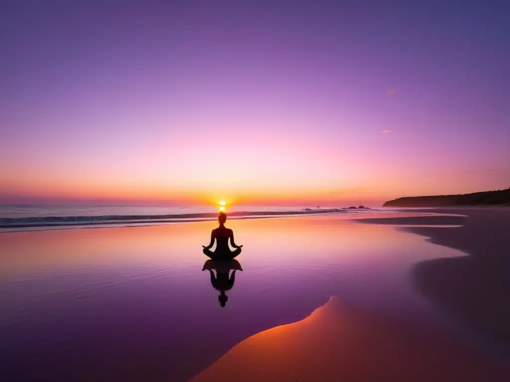 Un amanecer sereno en la playa, con tonos cálidos y una figura practicando yoga